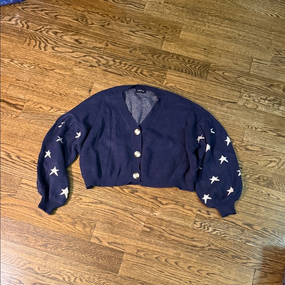 Storia Sweaters - Storia Cropped Navy Blue Chunky Cardigan Stars Puff Sleeves Size Medium